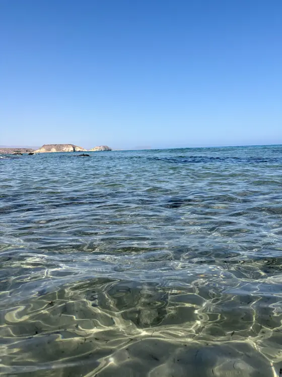 El agua a un palmo de la orilla, transparente sobre la arena, con la retícula de luz del sol y los islotes al fondo