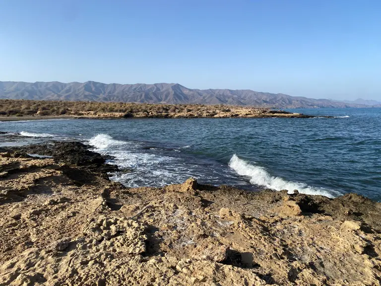 Playa del Pocico del Animal, con la roca dorada de la orilla y la costa abriéndose hacia la sierra